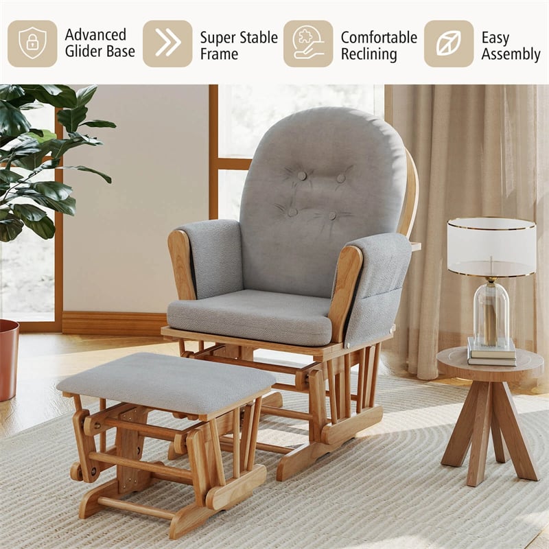 Nursery Glider & Ottoman Set, Upholstered Baby Glider Rocker Chair with Cushion, Storage Pocket, Solid Wood Base for Breastfeeding Napping