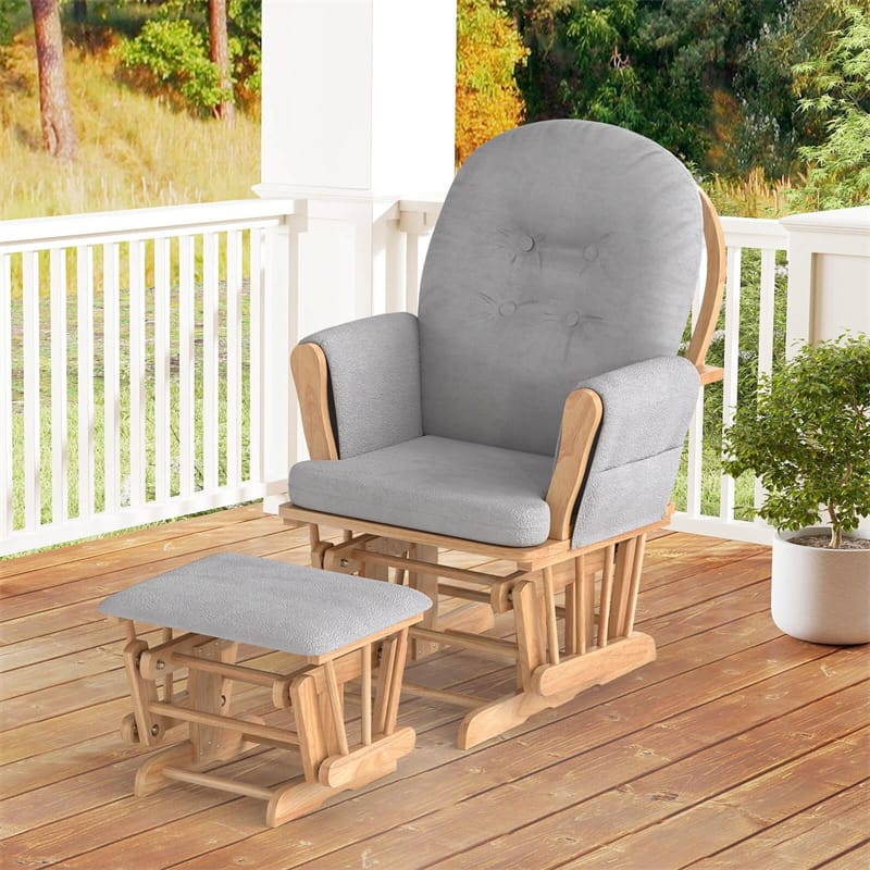 Nursery Glider & Ottoman Set, Upholstered Baby Glider Rocker Chair with Cushion, Storage Pocket, Solid Wood Base for Breastfeeding Napping