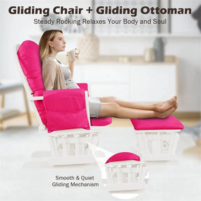 Nursery Glider & Ottoman Set, Upholstered Baby Glider Rocker Chair with Cushion, Storage Pocket, Solid Wood Base for Breastfeeding Napping