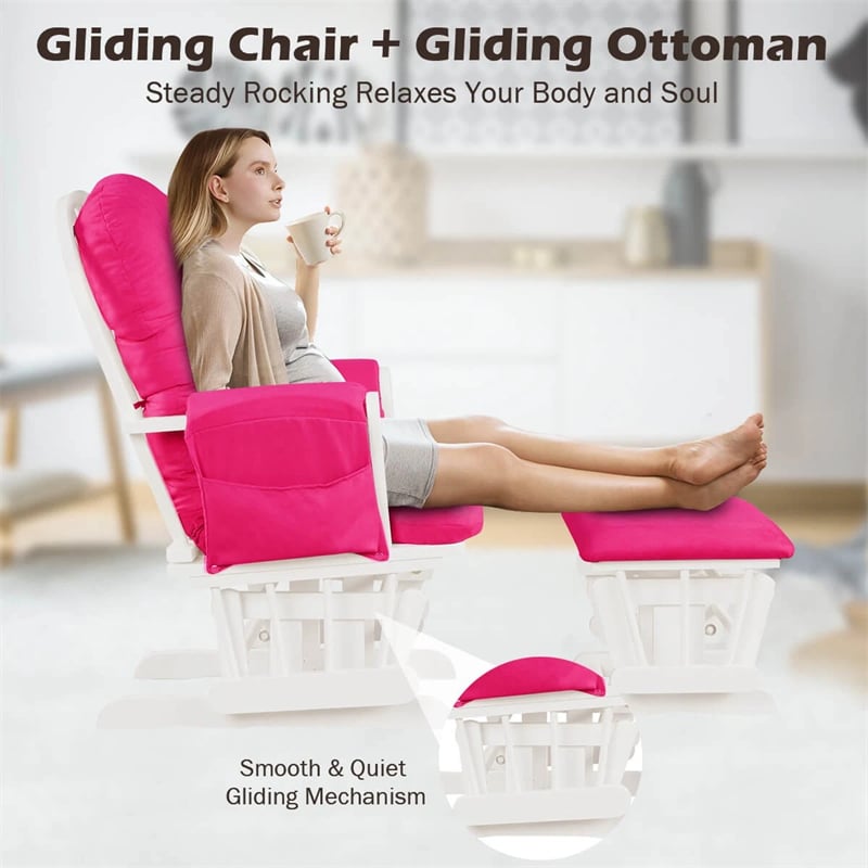 Nursery Glider & Ottoman Set, Upholstered Baby Glider Rocker Chair with Cushion, Storage Pocket, Solid Wood Base for Breastfeeding Napping