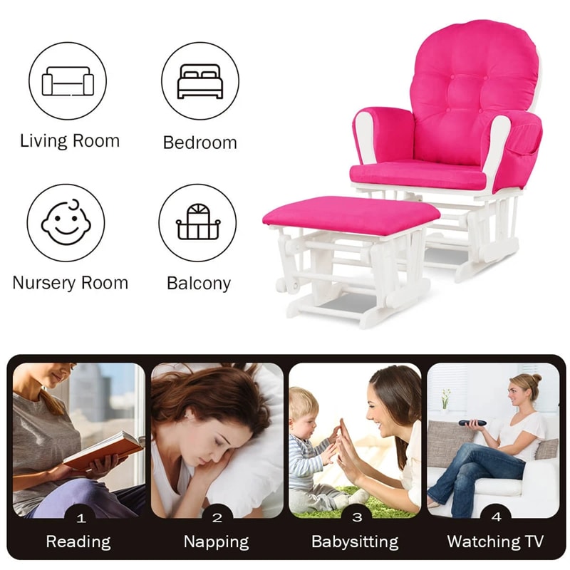 Nursery Glider & Ottoman Set, Upholstered Baby Glider Rocker Chair with Cushion, Storage Pocket, Solid Wood Base for Breastfeeding Napping