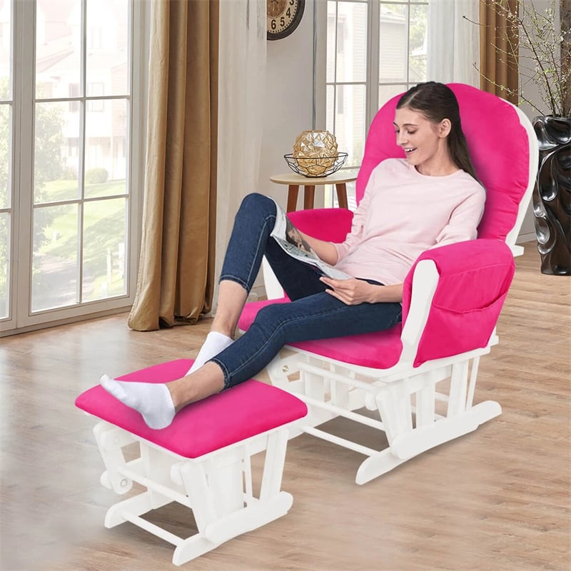 Nursery Glider & Ottoman Set, Upholstered Baby Glider Rocker Chair with Cushion, Storage Pocket, Solid Wood Base for Breastfeeding Napping