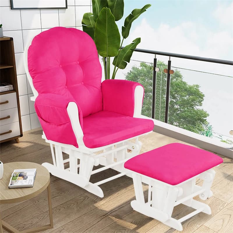 Nursery Glider & Ottoman Set, Upholstered Baby Glider Rocker Chair with Cushion, Storage Pocket, Solid Wood Base for Breastfeeding Napping