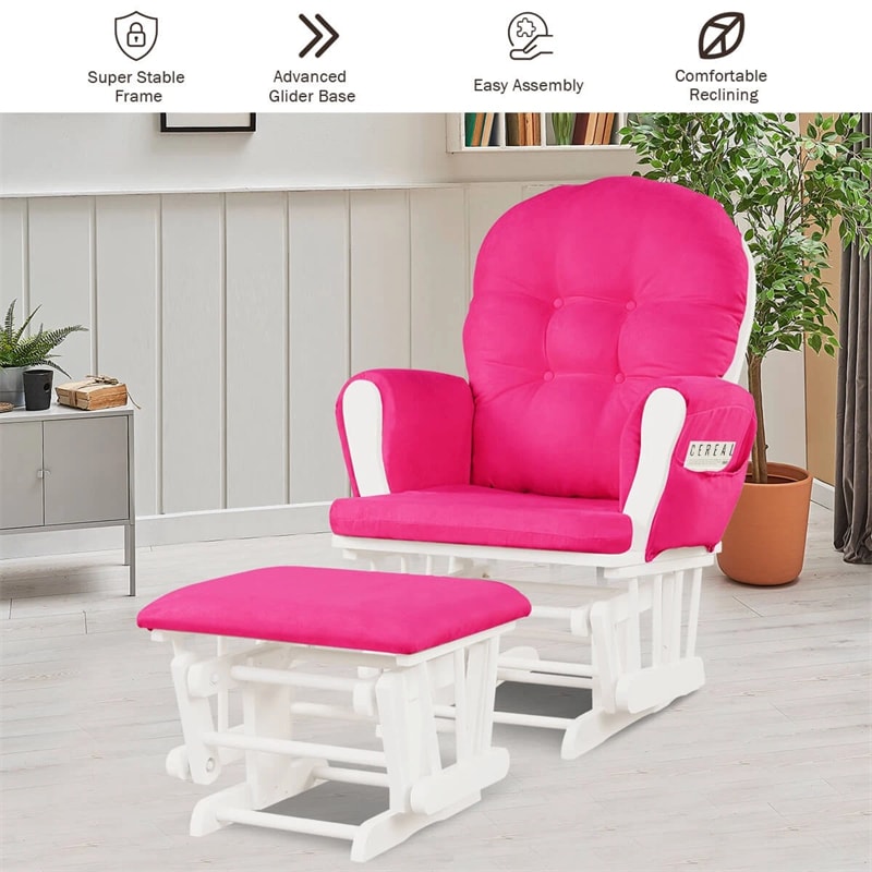Nursery Glider & Ottoman Set, Upholstered Baby Glider Rocker Chair with Cushion, Storage Pocket, Solid Wood Base for Breastfeeding Napping
