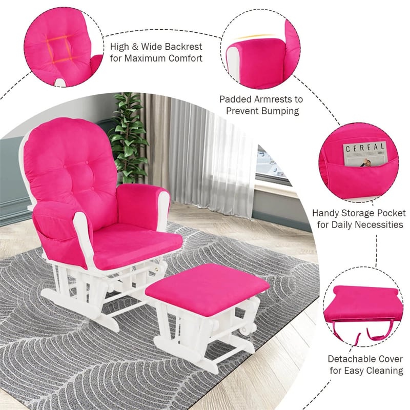 Nursery Glider & Ottoman Set, Upholstered Baby Glider Rocker Chair with Cushion, Storage Pocket, Solid Wood Base for Breastfeeding Napping