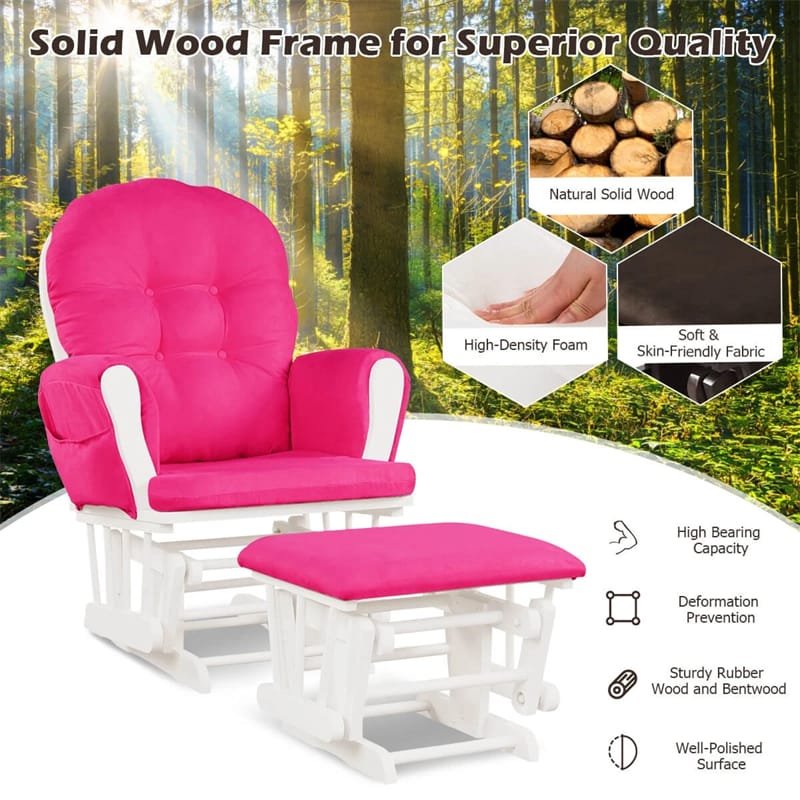 Nursery Glider & Ottoman Set, Upholstered Baby Glider Rocker Chair with Cushion, Storage Pocket, Solid Wood Base for Breastfeeding Napping