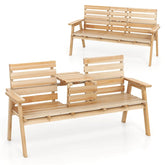 2-3 Person Outdoor Fir Wood Garden Bench with Foldable Middle Table, Backrest & Armrests, Slatted Seat Bench for Patio Porch, Backyard