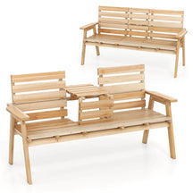 2-3 Person Outdoor Fir Wood Garden Bench with Foldable Middle Table, Backrest & Armrests, Slatted Seat Bench for Patio Porch, Backyard