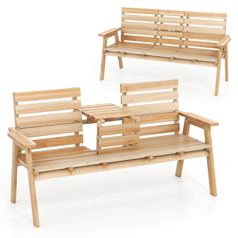 2-3 Person Outdoor Fir Wood Garden Bench with Foldable Middle Table, Backrest & Armrests, Slatted Seat Bench for Patio Porch, Backyard