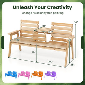 2-3 Person Outdoor Fir Wood Garden Bench with Foldable Middle Table, Backrest & Armrests, Slatted Seat Bench for Patio Porch, Backyard