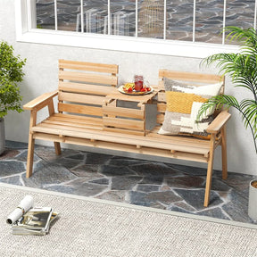 2-3 Person Outdoor Fir Wood Garden Bench with Foldable Middle Table, Backrest & Armrests, Slatted Seat Bench for Patio Porch, Backyard