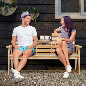 2-3 Person Outdoor Fir Wood Garden Bench with Foldable Middle Table, Backrest & Armrests, Slatted Seat Bench for Patio Porch, Backyard