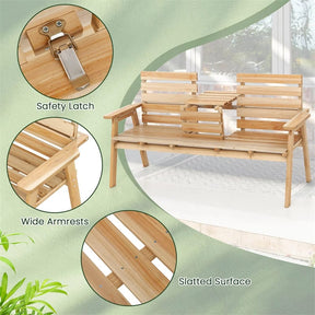 2-3 Person Outdoor Fir Wood Garden Bench with Foldable Middle Table, Backrest & Armrests, Slatted Seat Bench for Patio Porch, Backyard
