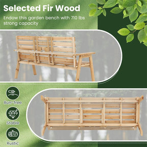 2-3 Person Outdoor Fir Wood Garden Bench with Foldable Middle Table, Backrest & Armrests, Slatted Seat Bench for Patio Porch, Backyard