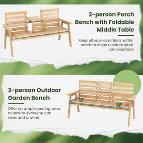 2-3 Person Outdoor Fir Wood Garden Bench with Foldable Middle Table, Backrest & Armrests, Slatted Seat Bench for Patio Porch, Backyard