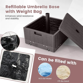 3-in-1 175LBS Outdoor Fillable Umbrella Base with Adjustable Table Tray & Weighted Bag, Wheeled Umbrella Stand for Patio Garden Poolside