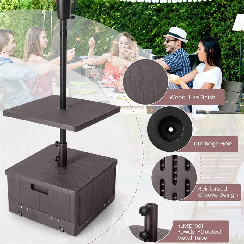 3-in-1 175LBS Outdoor Fillable Umbrella Base with Adjustable Table Tray & Weighted Bag, Wheeled Umbrella Stand for Patio Garden Poolside