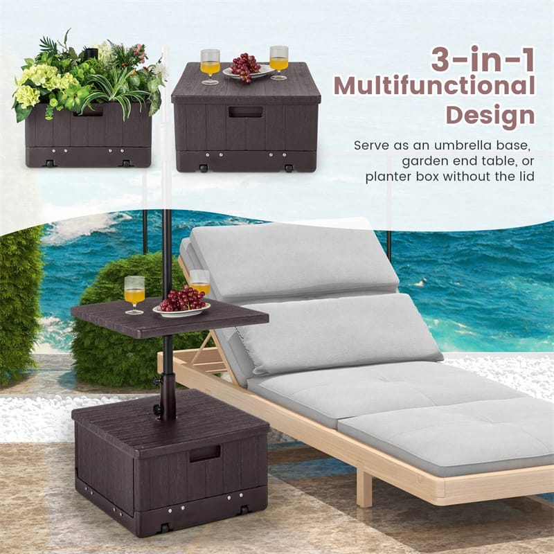 3-in-1 175LBS Outdoor Fillable Umbrella Base with Adjustable Table Tray & Weighted Bag, Wheeled Umbrella Stand for Patio Garden Poolside