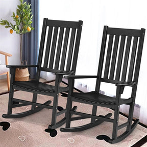 Outdoor Solid Wood Rocking Chair, High Back Porch Rocker Glossy Finish for Patio, Backyard, Balcony, Garden & Indoor Use