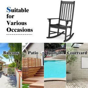 Outdoor Solid Wood Rocking Chair, High Back Porch Rocker Glossy Finish for Patio, Backyard, Balcony, Garden & Indoor Use