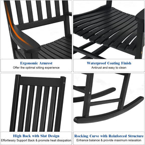 Outdoor Solid Wood Rocking Chair, High Back Porch Rocker Glossy Finish for Patio, Backyard, Balcony, Garden & Indoor Use