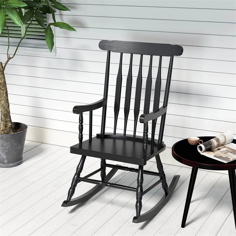 Outdoor Solid Wood Rocking Chair, High Back Porch Rocker Glossy Finish for Patio, Backyard, Balcony, Garden & Indoor Use