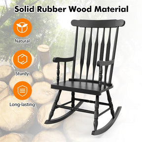 Outdoor Solid Wood Rocking Chair, High Back Porch Rocker Glossy Finish for Patio, Backyard, Balcony, Garden & Indoor Use