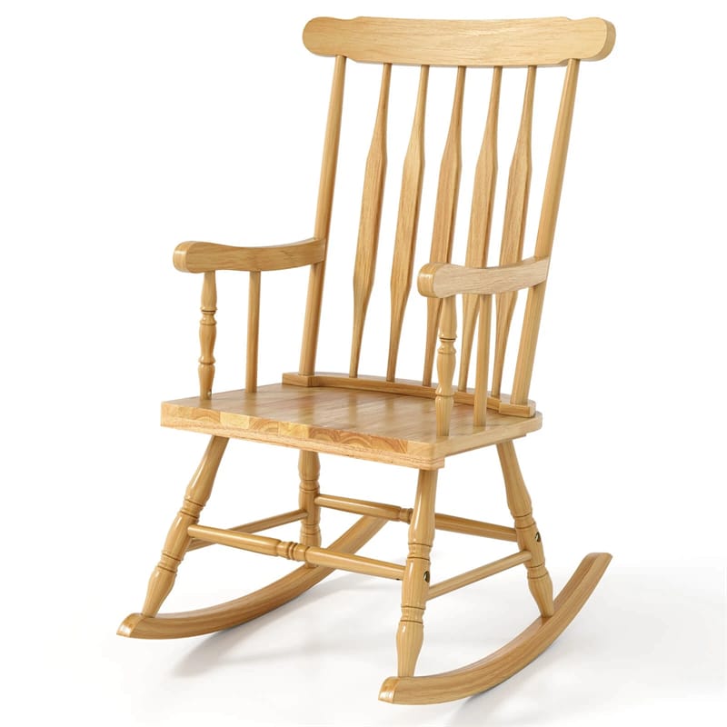 Outdoor Solid Wood Rocking Chair, High Back Porch Rocker Glossy Finish for Patio, Backyard, Balcony, Garden & Indoor Use