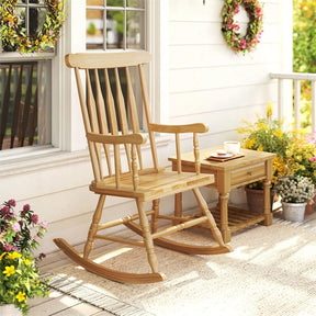 Outdoor Solid Wood Rocking Chair, High Back Porch Rocker Glossy Finish for Patio, Backyard, Balcony, Garden & Indoor Use
