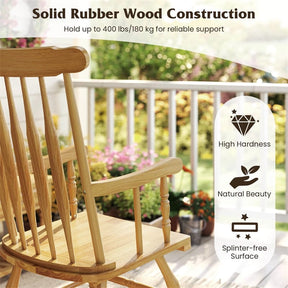 Outdoor Solid Wood Rocking Chair, High Back Porch Rocker Glossy Finish for Patio, Backyard, Balcony, Garden & Indoor Use