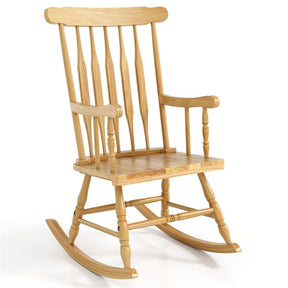 Outdoor Solid Wood Rocking Chair, High Back Porch Rocker Glossy Finish for Patio, Backyard, Balcony, Garden & Indoor Use