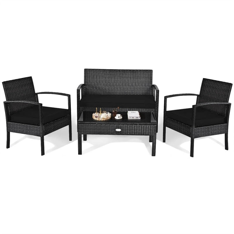 4 Pcs Wicker Patio Conversation Furniture Set Outdoor Rattan Sofa Set with Coffee Table & Washable Cushions