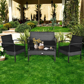 4 Pcs Wicker Patio Conversation Furniture Set Outdoor Rattan Sofa Set with Coffee Table & Washable Cushions