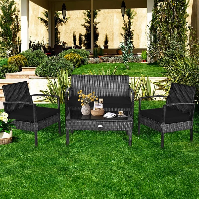 4 Pcs Wicker Patio Conversation Furniture Set Outdoor Rattan Sofa Set with Coffee Table & Washable Cushions