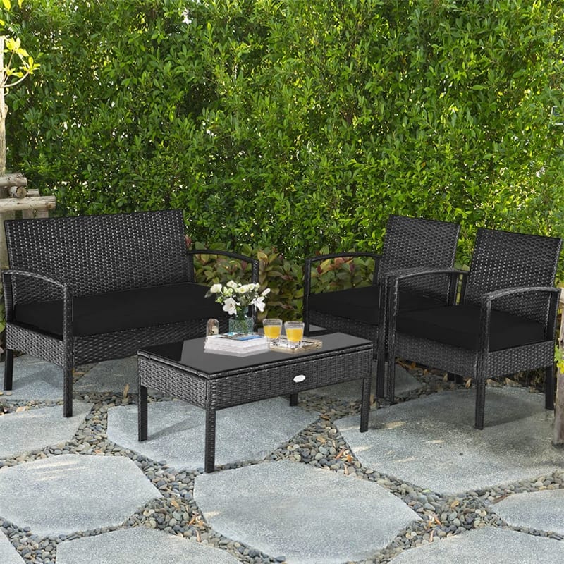 4 Pcs Wicker Patio Conversation Furniture Set Outdoor Rattan Sofa Set with Coffee Table & Washable Cushions