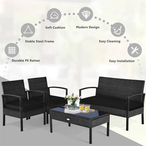 4 Pcs Wicker Patio Conversation Furniture Set Outdoor Rattan Sofa Set with Coffee Table & Washable Cushions