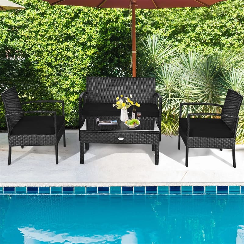 4 Pcs Wicker Patio Conversation Furniture Set Outdoor Rattan Sofa Set with Coffee Table & Washable Cushions