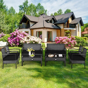 4 Pcs Wicker Patio Conversation Furniture Set Outdoor Rattan Sofa Set with Coffee Table & Washable Cushions