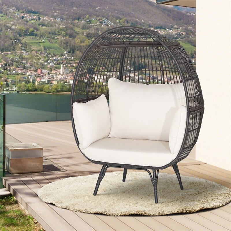 Oversized Wicker Egg Chair with 4 Cushions, Steel Frame Basket Chair Rattan Indoor Outdoor Lounger for Patio, Living Room