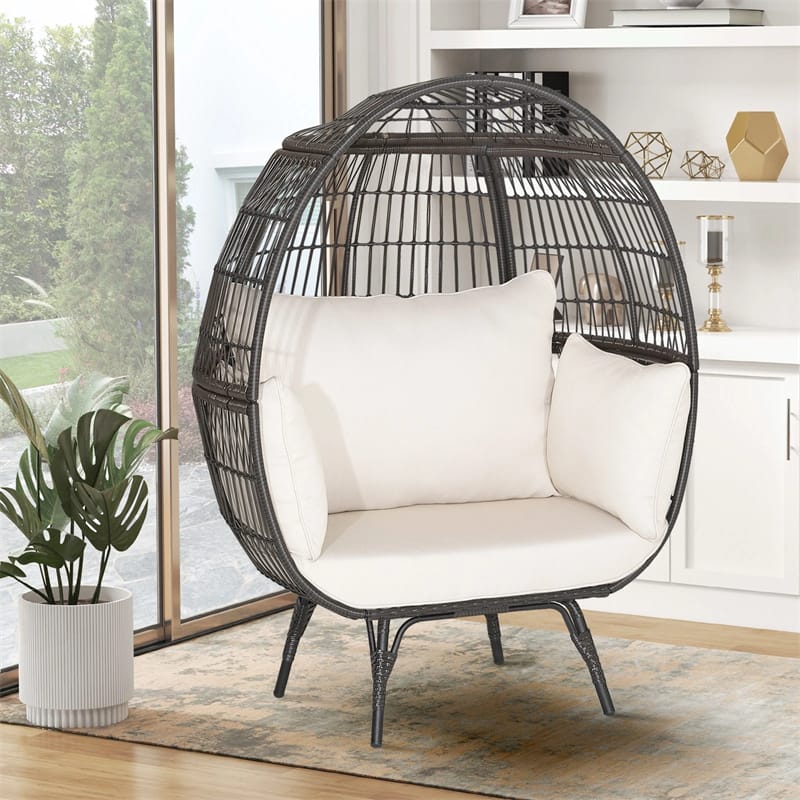 Oversized Wicker Egg Chair with 4 Cushions, Steel Frame Basket Chair Rattan Indoor Outdoor Lounger for Patio, Living Room
