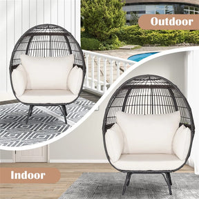 Oversized Wicker Egg Chair with 4 Cushions, Steel Frame Basket Chair Rattan Indoor Outdoor Lounger for Patio, Living Room