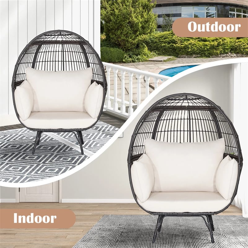 Oversized Wicker Egg Chair with 4 Cushions, Steel Frame Basket Chair Rattan Indoor Outdoor Lounger for Patio, Living Room