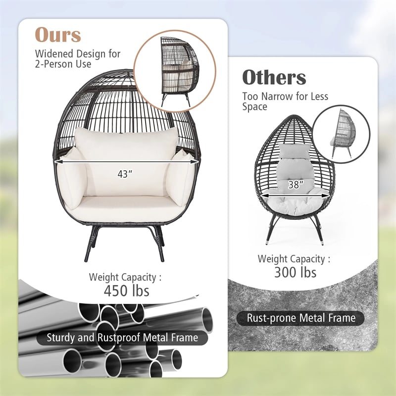 Oversized Wicker Egg Chair with 4 Cushions, Steel Frame Basket Chair Rattan Indoor Outdoor Lounger for Patio, Living Room