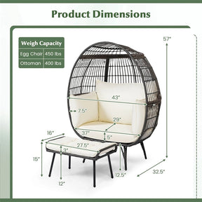 Oversized Wicker Egg Chair with 4 Cushions, Steel Frame Basket Chair Rattan Indoor Outdoor Lounger for Patio, Living Room