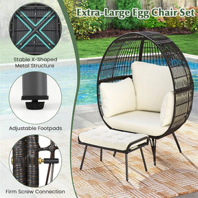 Oversized Wicker Egg Chair with 4 Cushions, Steel Frame Basket Chair Rattan Indoor Outdoor Lounger for Patio, Living Room