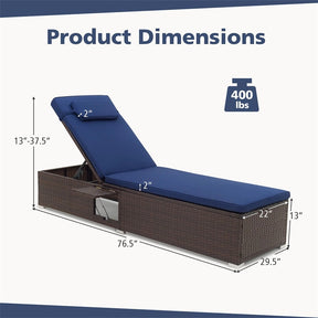 Outdoor Rattan Chaise Lounge with 6-Level Adjustable Backrest, Cushions & Headrest, Patio Reclining Lounge Chair for Poolside Backyard