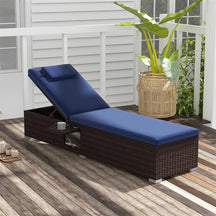 Patio Rattan Chaise Lounge, Outdoor Wicker Reclining Chair w/ 6-Level Adjustable Backrest, Cushion & Headrest for Backyard Poolside