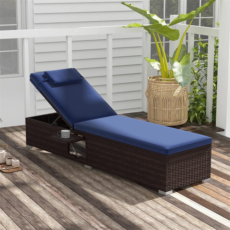 Outdoor Rattan Chaise Lounge with 6-Level Adjustable Backrest, Cushions & Headrest, Patio Reclining Lounge Chair for Poolside Backyard