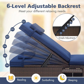 Outdoor Rattan Chaise Lounge with 6-Level Adjustable Backrest, Cushions & Headrest, Patio Reclining Lounge Chair for Poolside Backyard