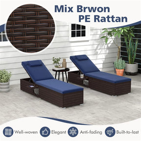 Outdoor Rattan Chaise Lounge with 6-Level Adjustable Backrest, Cushions & Headrest, Patio Reclining Lounge Chair for Poolside Backyard
